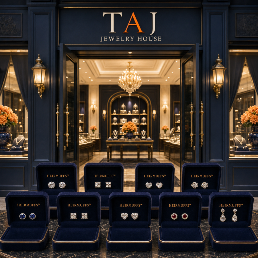 TAJ Jewelry House storefront with branded HEIRMUFFS™ Front Sets displayed in individual navy jewelry boxes