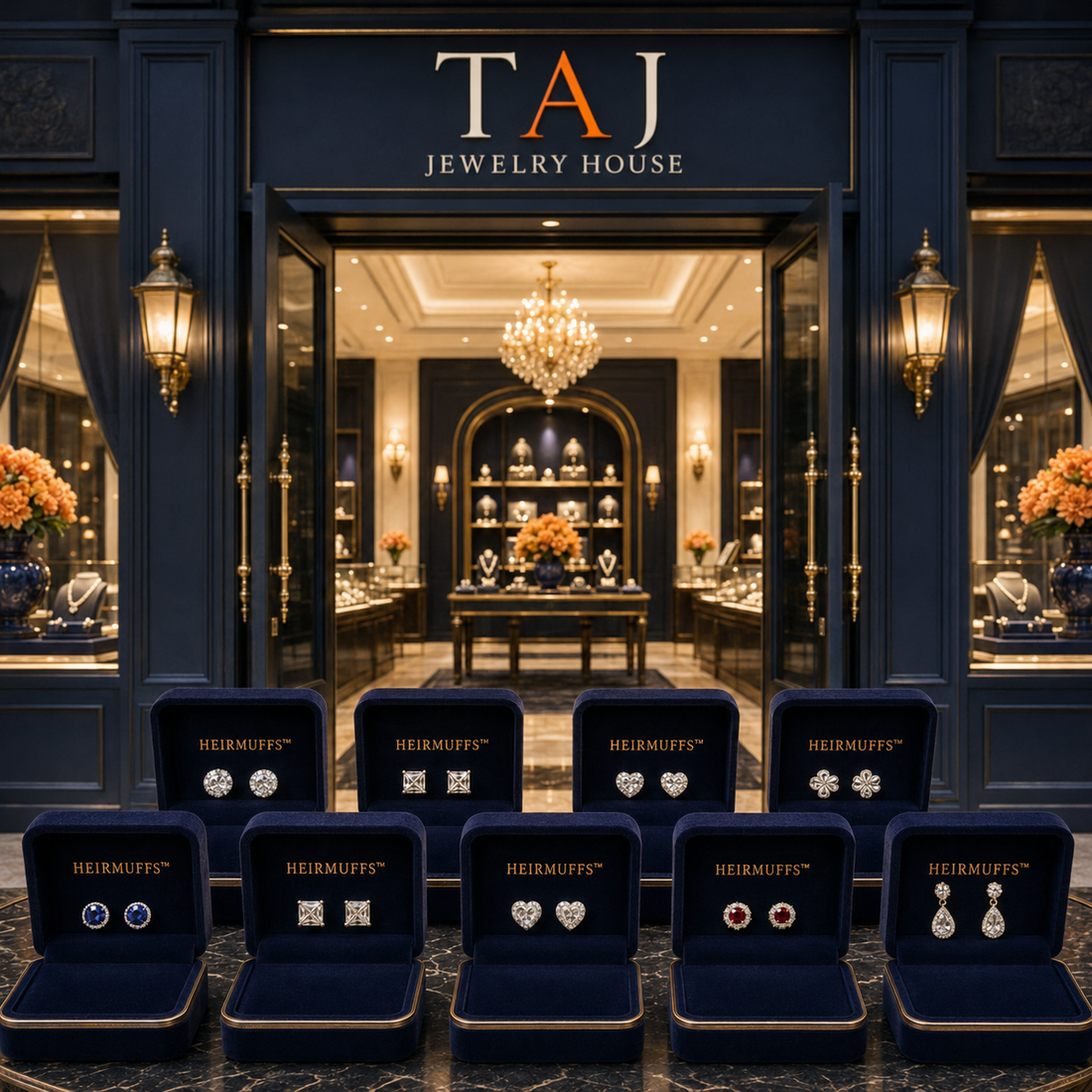 Branded HEIRMUFFS™ Front Sets displayed in navy jewelry boxes at TAJ Jewelry House