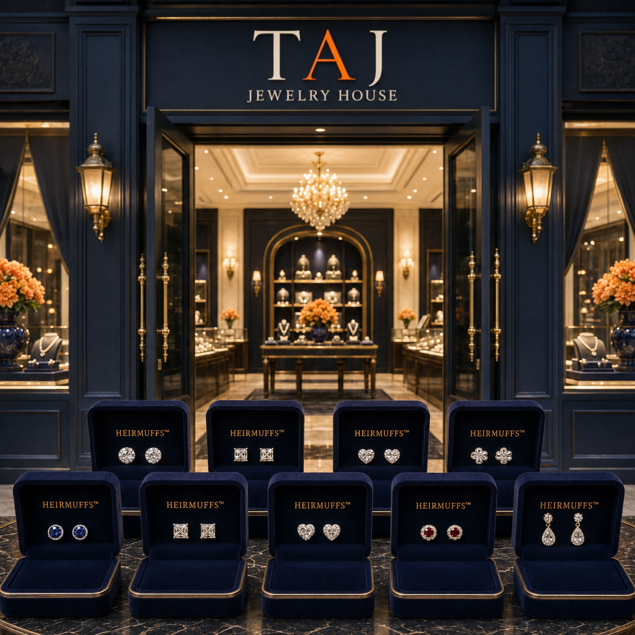Branded HEIRMUFFS™ Front Sets displayed in navy jewelry boxes at TAJ Jewelry House