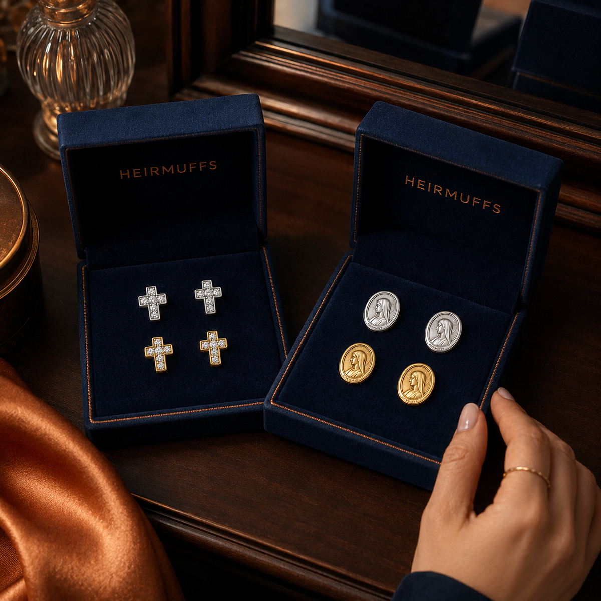 COVERED HEIRMUFFS collection campaign featuring exact Cross and Virgin Mary earring front pairs