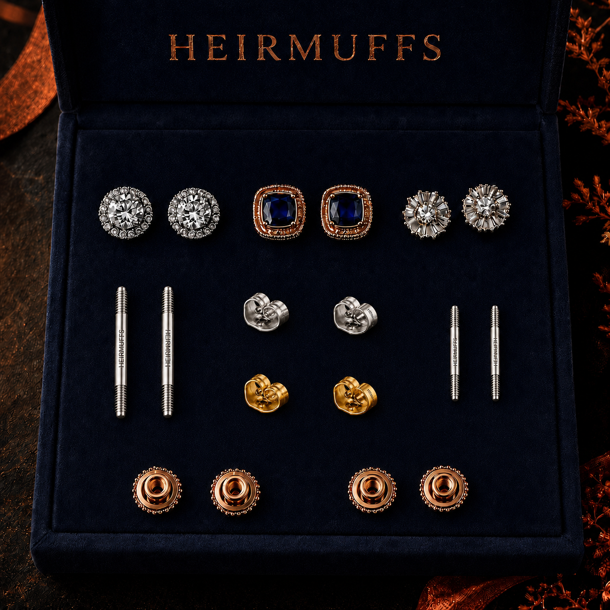 THE SYSTEM HEIRMUFFS collection featuring branded universal stems, screw backs, butterfly backs, and interchangeable fronts