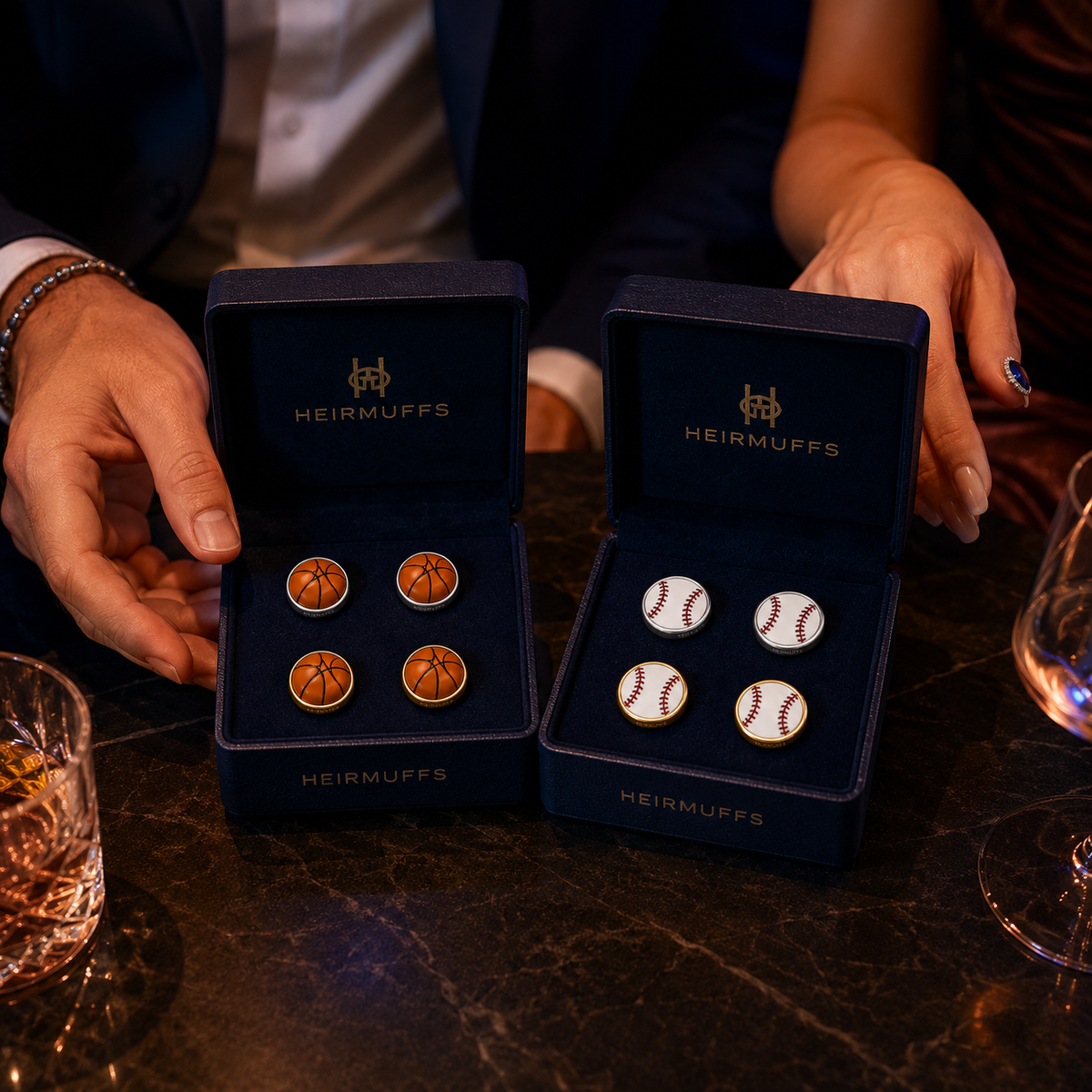 THE GAME HEIRMUFFS campaign featuring exact Basketball and Baseball earring front pairs