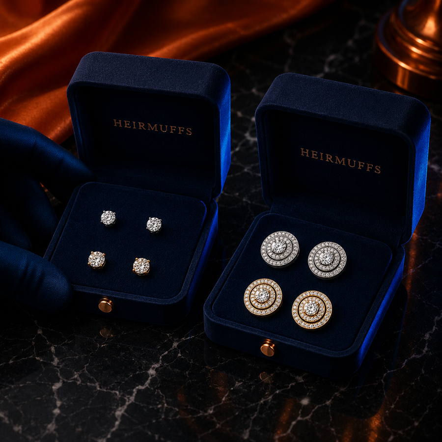 THE FOUNDATION HEIRMUFFS campaign featuring exact Round Solitaire and Double Halo earring pairs