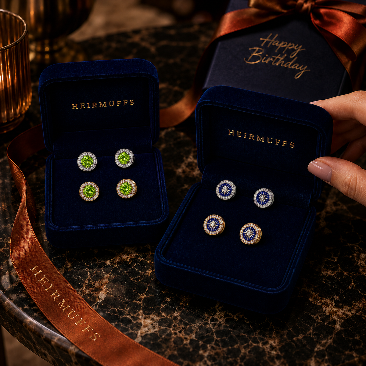 BORN BRILLIANT HEIRMUFFS campaign featuring realistic-scale Peridot and Sapphire earring front pairs
