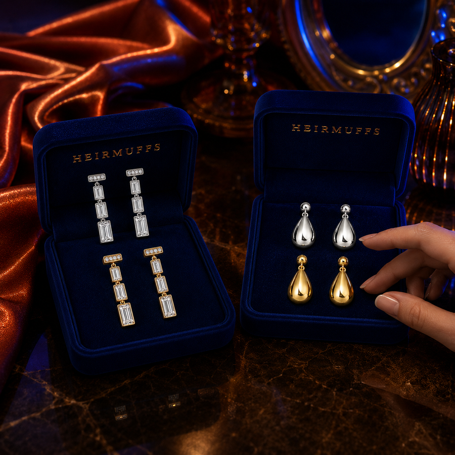 IN MOTION HEIRMUFFS collection campaign featuring exact Baguette Drop and Teardrop Drop earring pairs