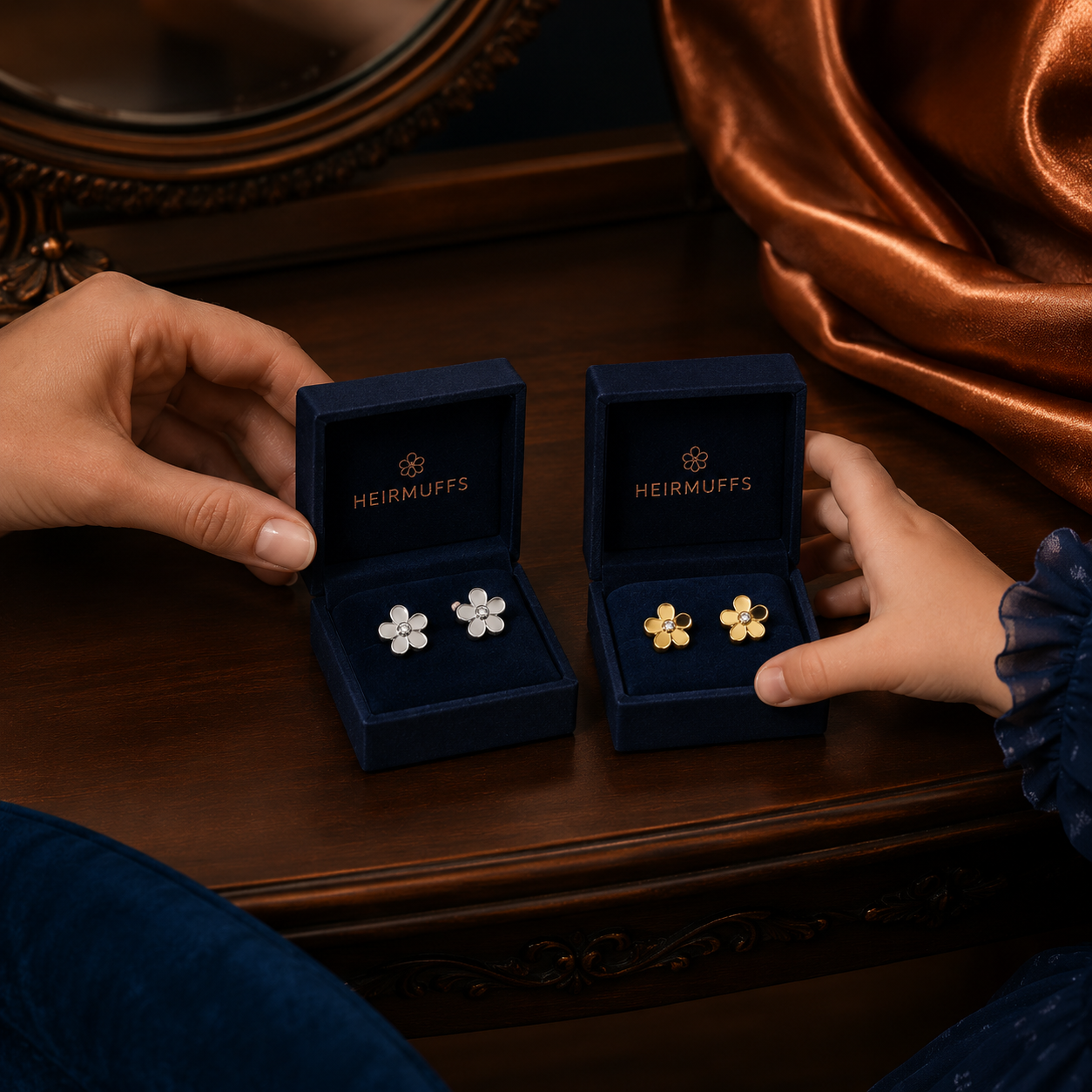 LITTLE HEIRS HEIRMUFFS campaign featuring child-sized silver and gold flower stud pairs