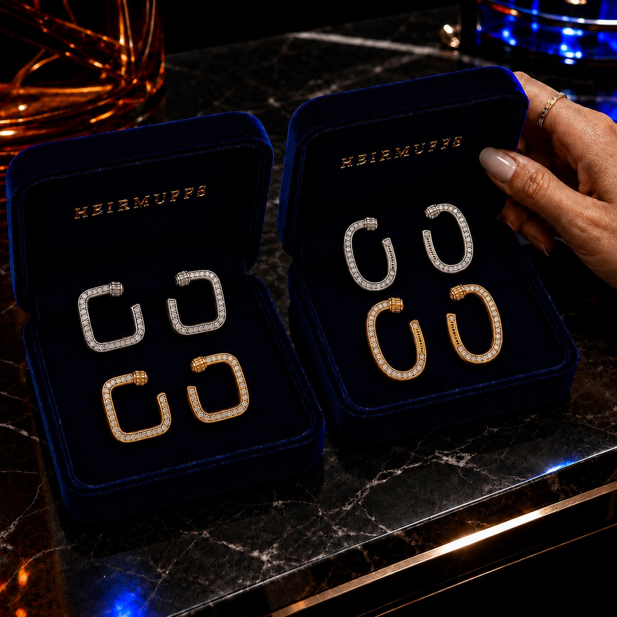 FULL CIRCLE HEIRMUFFS campaign with true mirrored Square Huggie and Oval Hoop silver and gold pairs