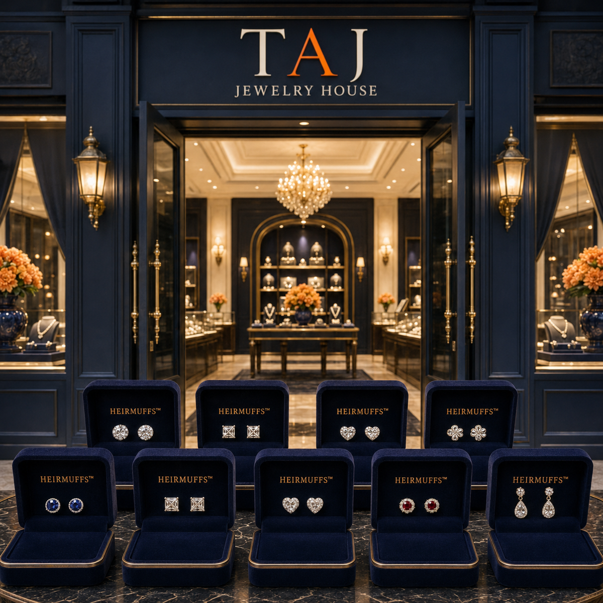 TAJ Jewelry House storefront with branded HEIRMUFFS™ Front Sets displayed in individual navy jewelry boxes.