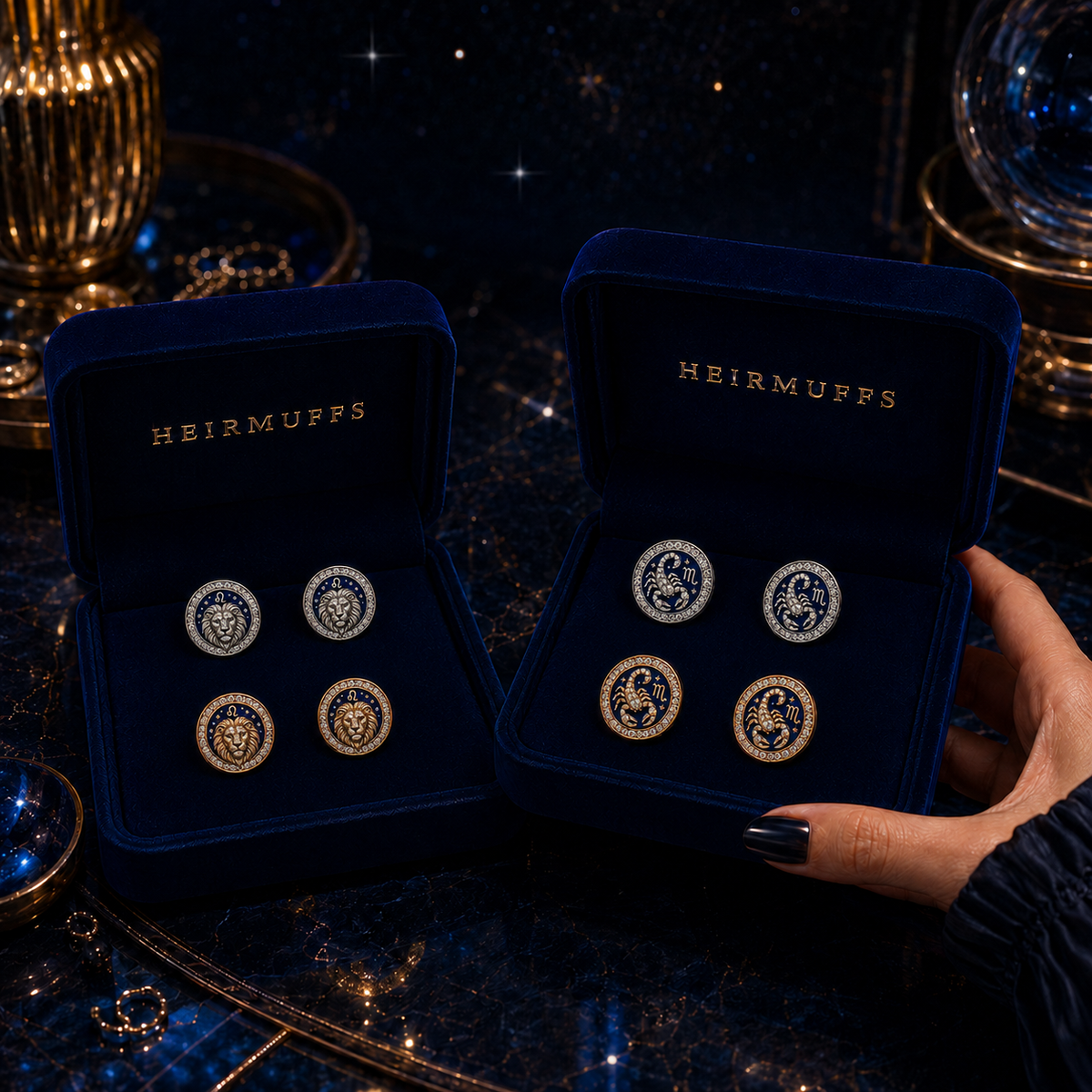 WRITTEN IN THE STARS HEIRMUFFS campaign featuring realistic-scale exact Leo and Scorpio earring front pairs