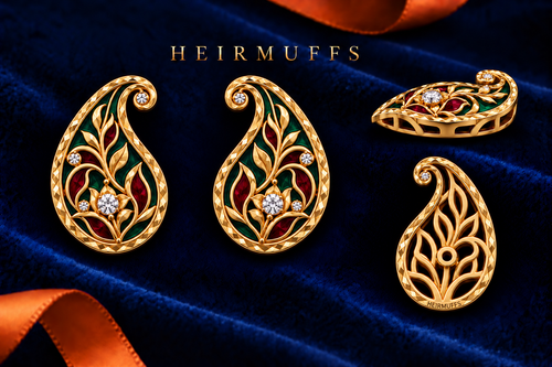 HEIRMUFFS™ Buta medium stud Front Set with green and garnet detailing, side profile and hollow receiver back.