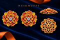 HEIRMUFFS™ Cempasúchil medium stud Front Set with orange marigold fronts, side profile and hollow receiver back.