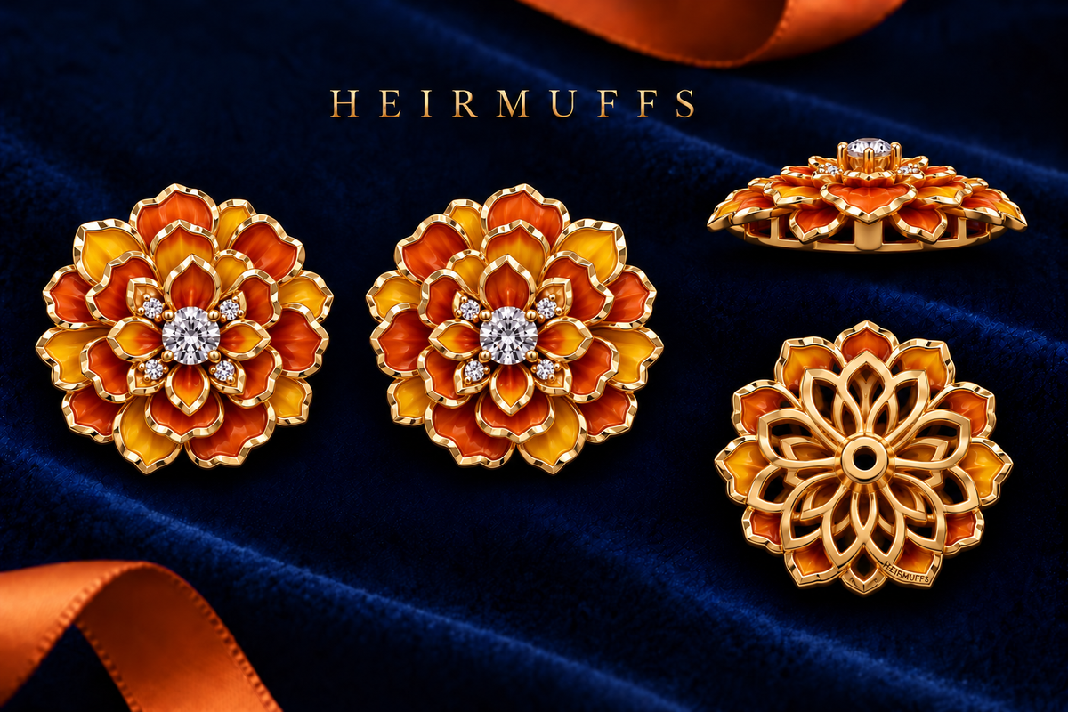 HEIRMUFFS™ Cempasúchil medium stud Front Set with orange marigold fronts, side profile and hollow receiver back.