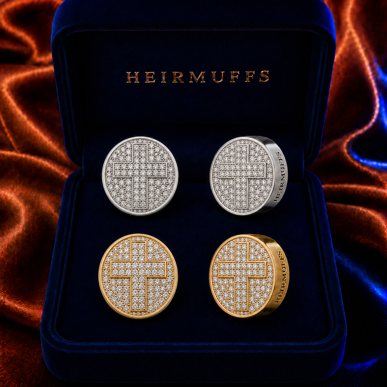 Pave Cross HEIRMUFFS Front Set in silver and gold