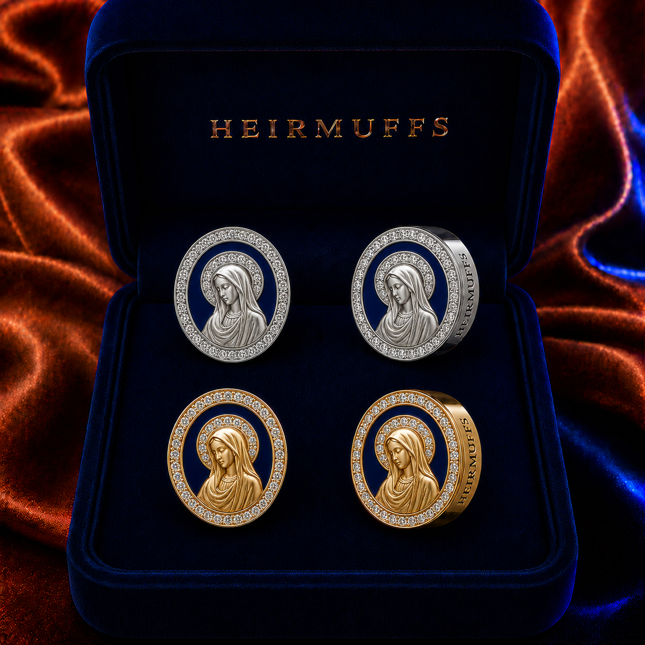 Virgin Mary HEIRMUFFS Front Set in silver and gold