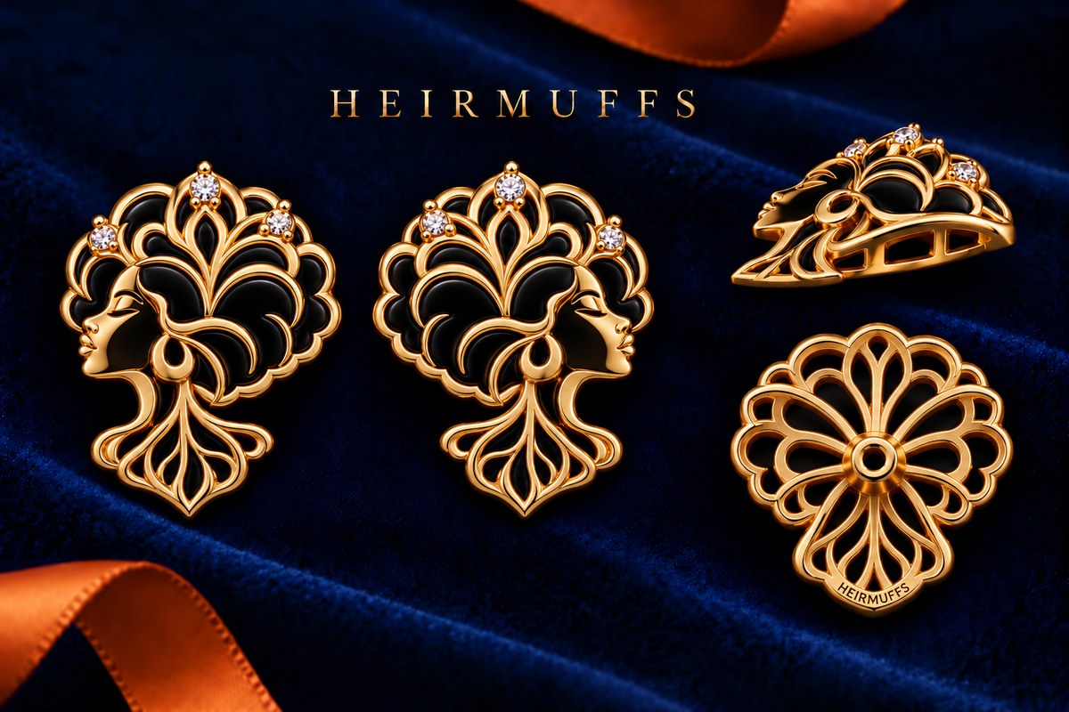 HEIRMUFFS™ Crowned Roots medium stud Front Set featuring a crowned Black-woman profile, side view and hollow receiver back.
