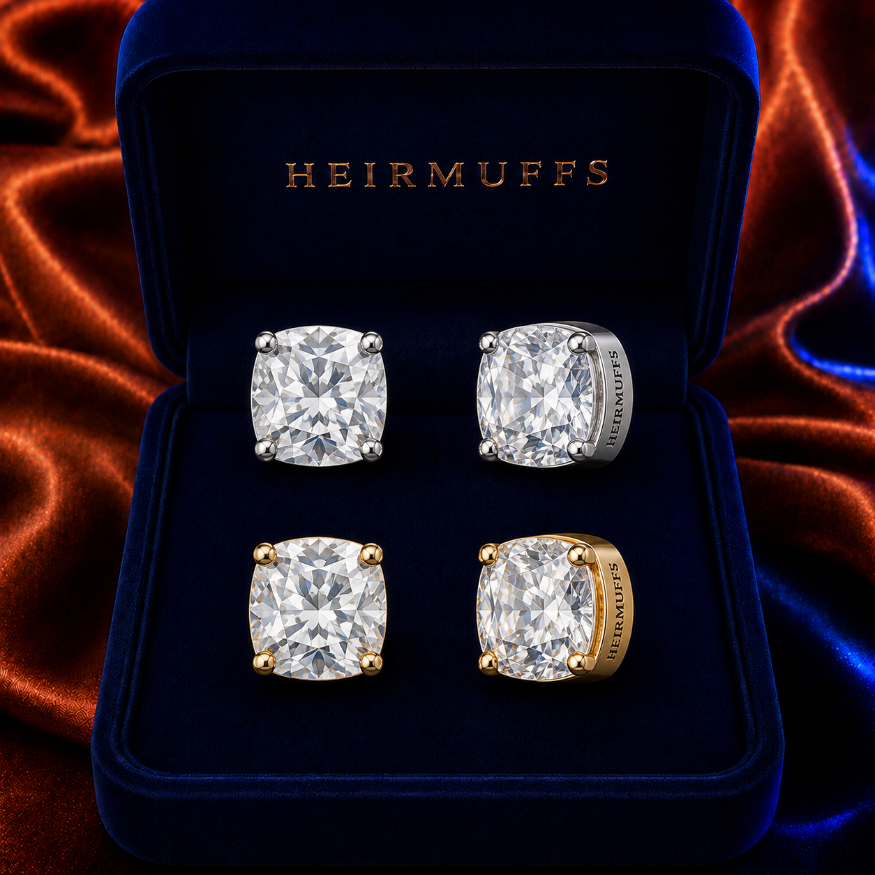 Cushion Cut 5mm HEIRMUFFS Front Set in silver and gold
