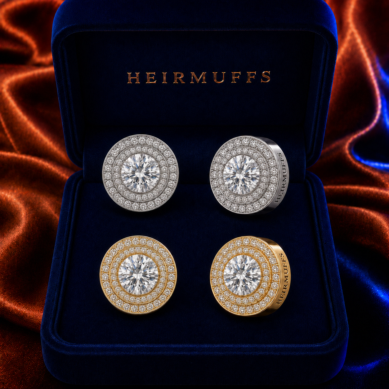 Double Halo Medium HEIRMUFFS Front Set in silver and gold
