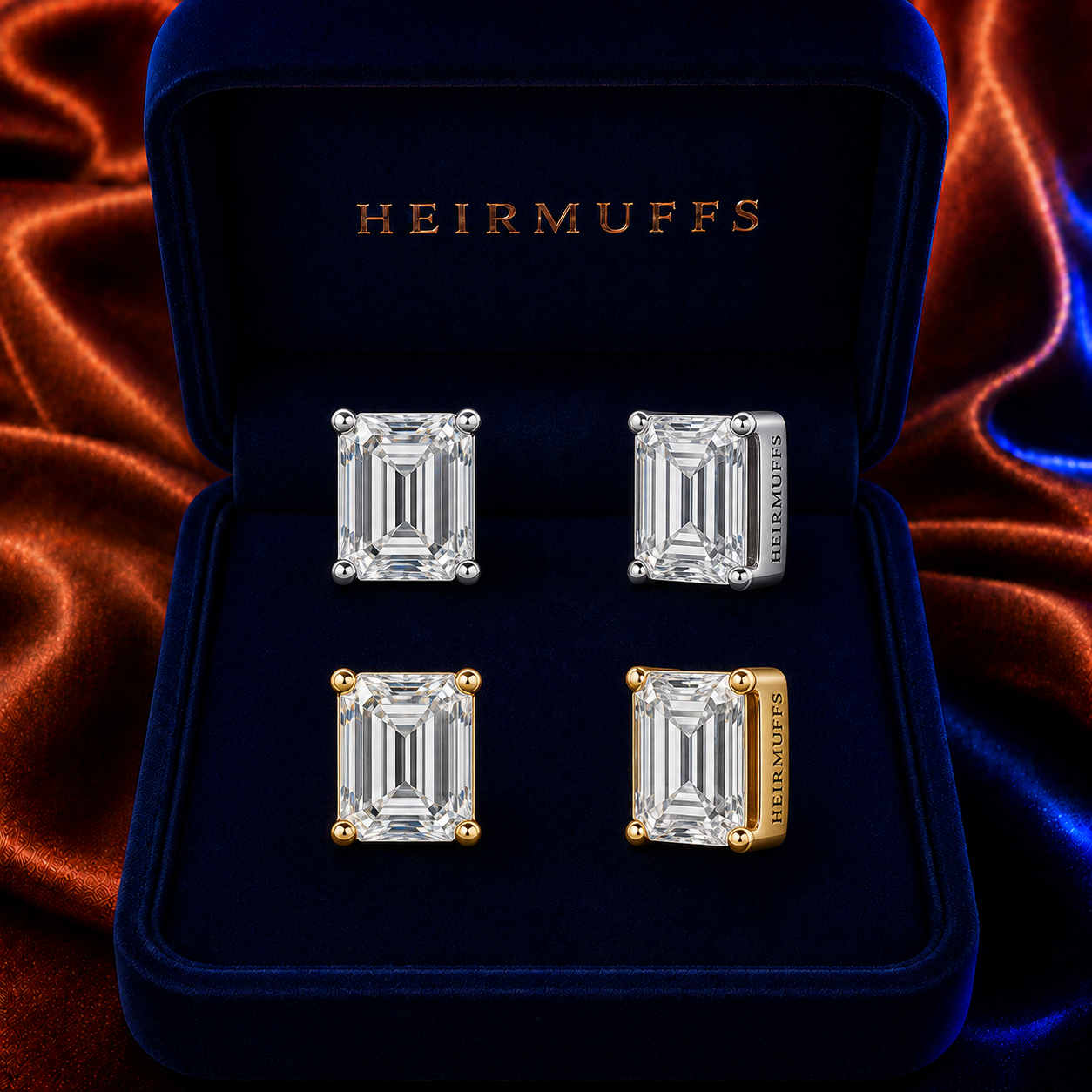 Emerald Cut 5mm HEIRMUFFS Front Set in silver and gold