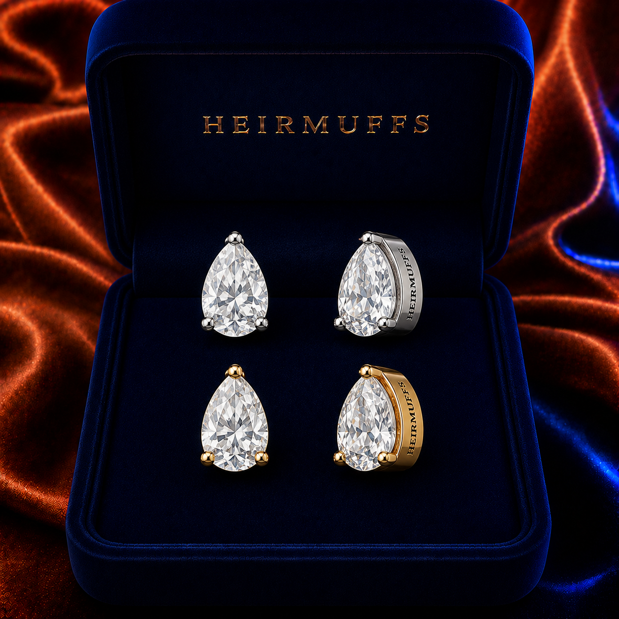 Pear Shape 5mm HEIRMUFFS Front Set in silver and gold