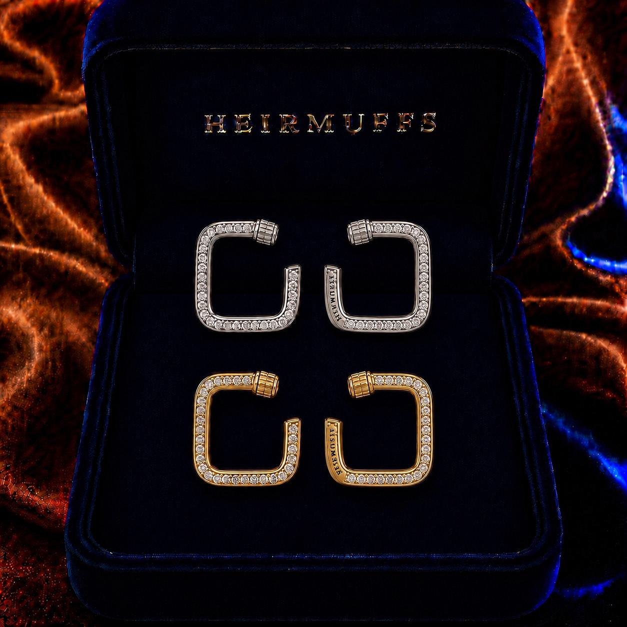Square Huggie HEIRMUFFS Front Set in silver and gold