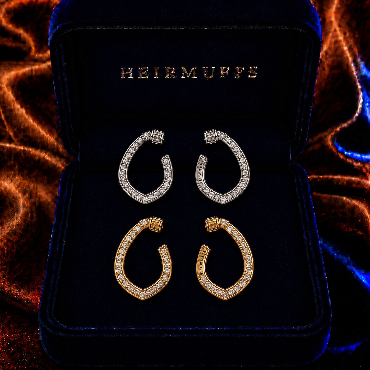 Teardrop Hoop Medium HEIRMUFFS Front Set in silver and gold