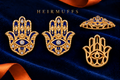 HEIRMUFFS™ Hamsa Protection medium stud Front Set with blue enamel, matching fronts, side profile and hollow receiver back.