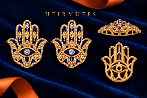 HEIRMUFFS™ Hamsa Protection medium stud Front Set with blue enamel, matching fronts, side profile and hollow receiver back.