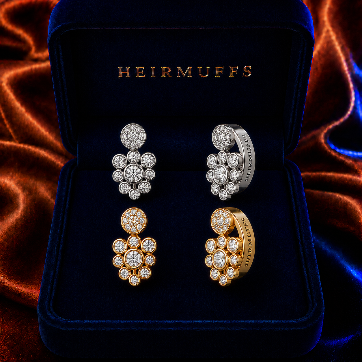 Cluster Drop Medium HEIRMUFFS Front Set in silver and gold