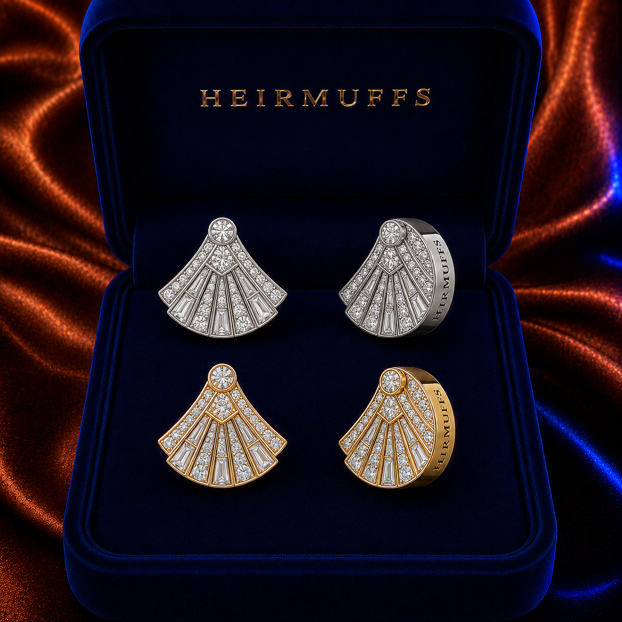 Fan Drop Medium HEIRMUFFS Front Set in silver and gold