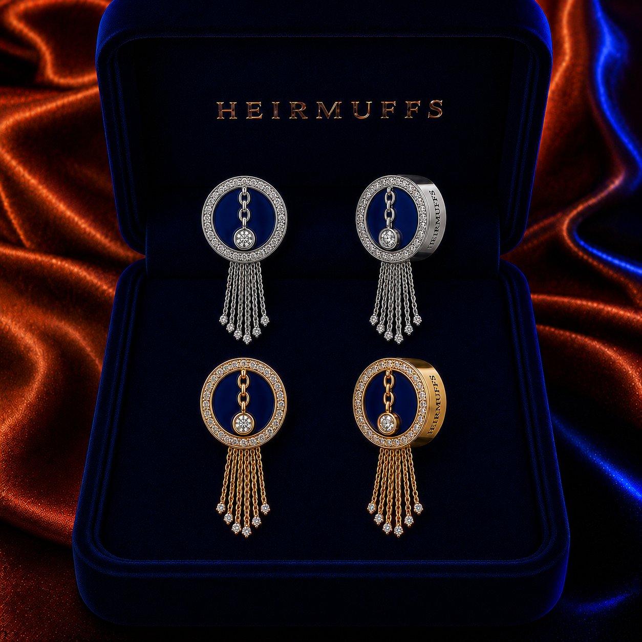 Tassel Drop Long HEIRMUFFS Front Set in silver and gold