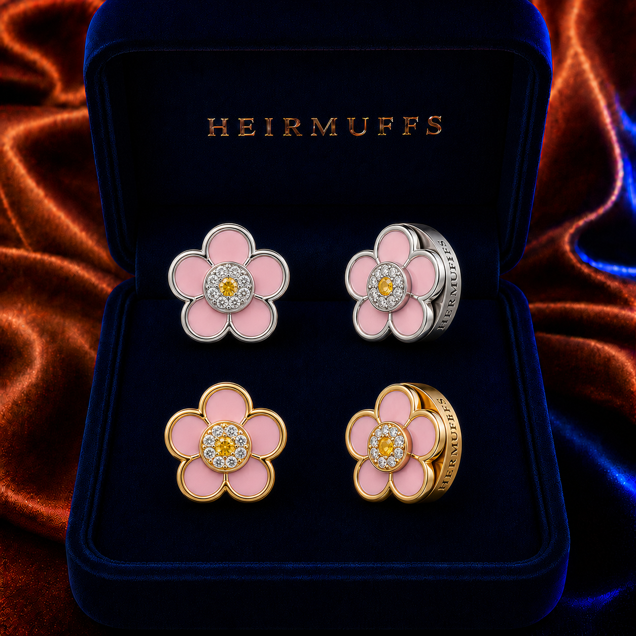 Flower Stud Small HEIRMUFFS Front Set in silver and gold