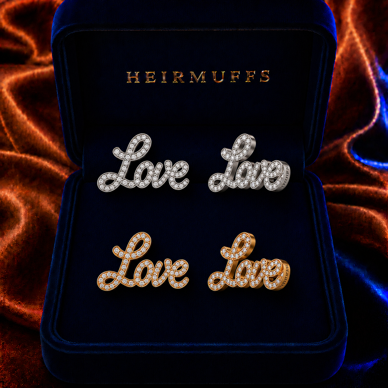 Love Script HEIRMUFFS Front Set in silver and gold