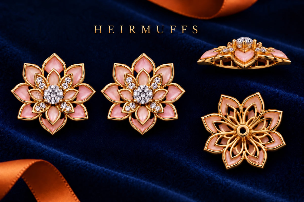 HEIRMUFFS™ Open Lotus medium stud Front Set showing matching pink lotus fronts, side profile and hollow receiver back.