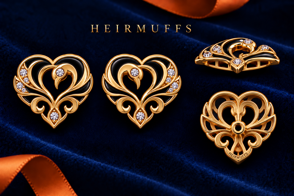 HEIRMUFFS™ Sankofa medium stud Front Set with black enamel, matching fronts, side profile and hollow receiver back.