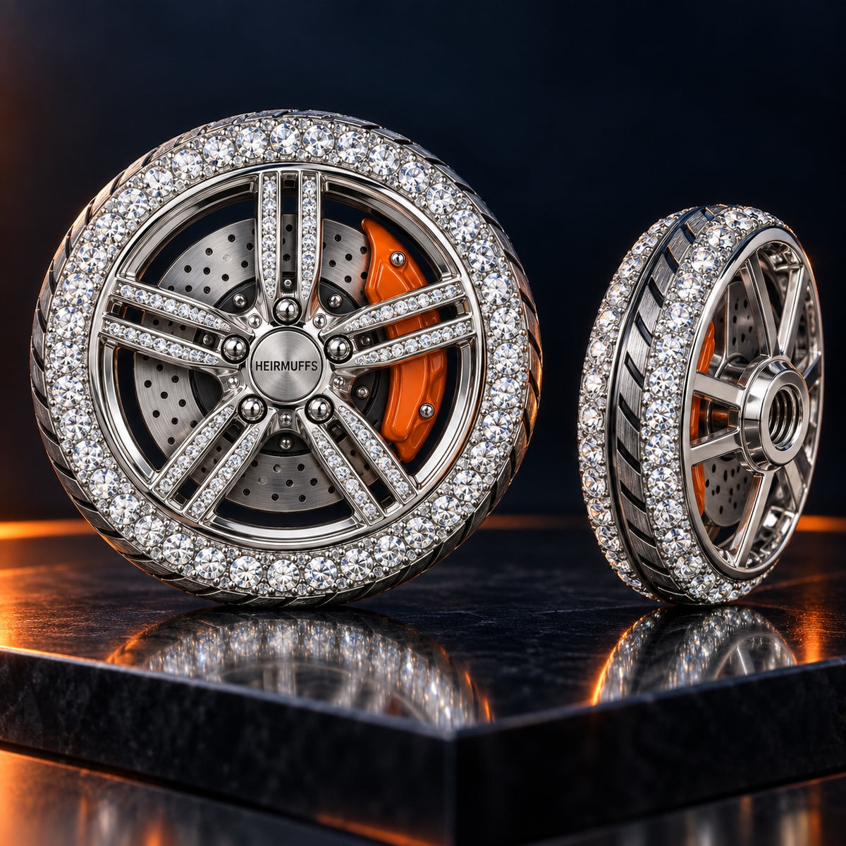 Full Throttle racing wheel HEIRMUFFS Front Set with pavé stones, orange brake caliper and threaded receiver