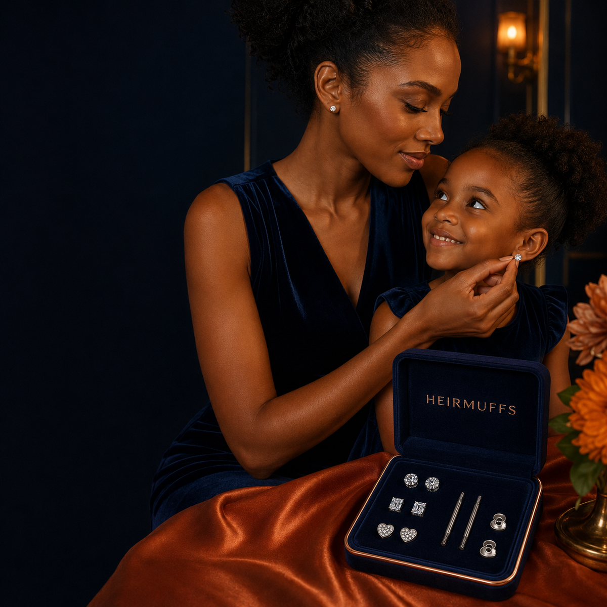Mother and child wearing interchangeable HEIRMUFFS earrings beside the complete Front, Stem and Screw-Back system