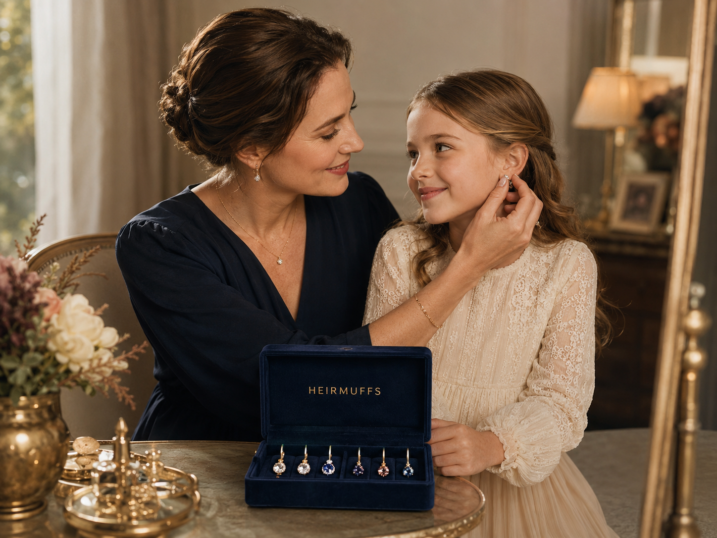 Mother and daughter smiling at each other beside an open HEIRMUFFS jewelry box displaying interchangeable earrin