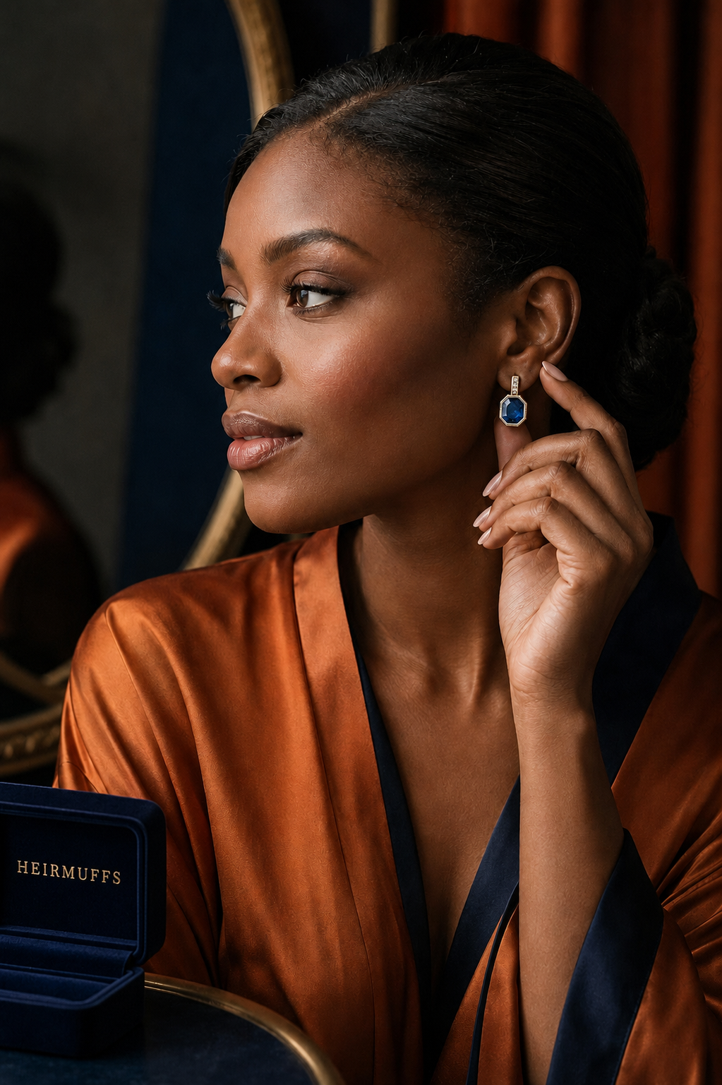 Close-up portrait of a woman wearing a blue hexagonal gemstone drop earring