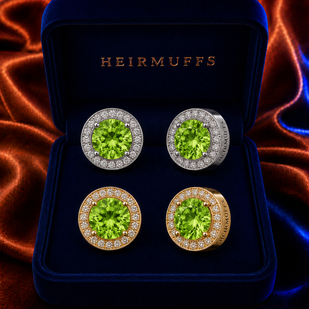 August Peridot Green HEIRMUFFS Front Set in silver and gold