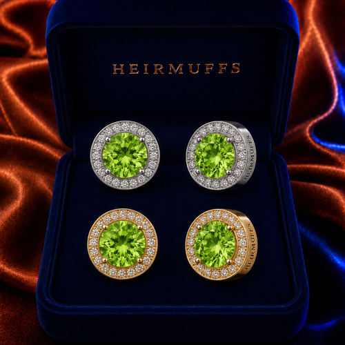 August Peridot Green HEIRMUFFS Front Set in silver and gold