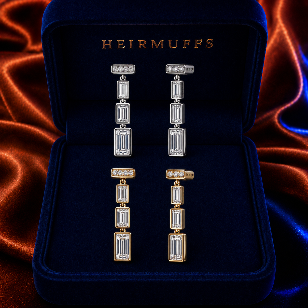 Vertical Baguette Drop HEIRMUFFS Front Set in silver and gold