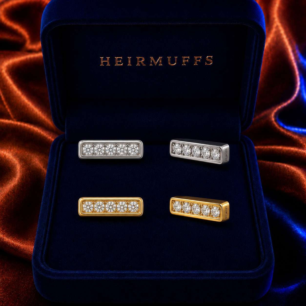 Horizontal Bar Stud HEIRMUFFS Front Set in silver and gold