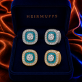 December Blue Teal Topaz HEIRMUFFS Front Set in silver and gold