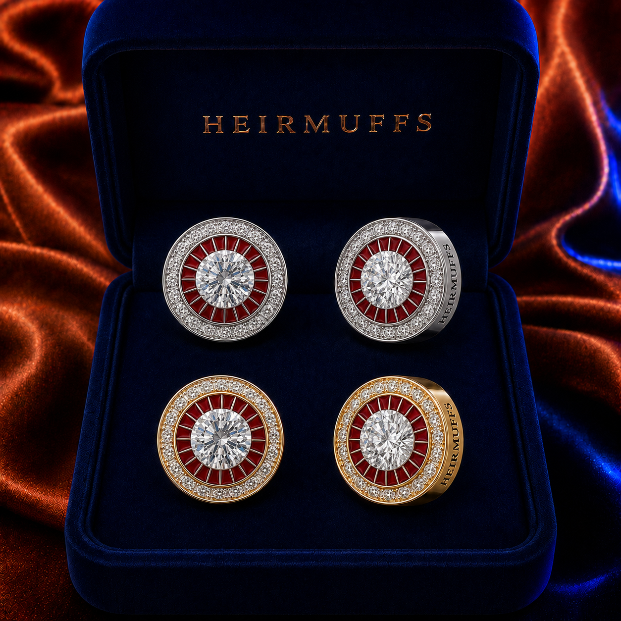 January Red Garnet HEIRMUFFS Front Set in silver and gold