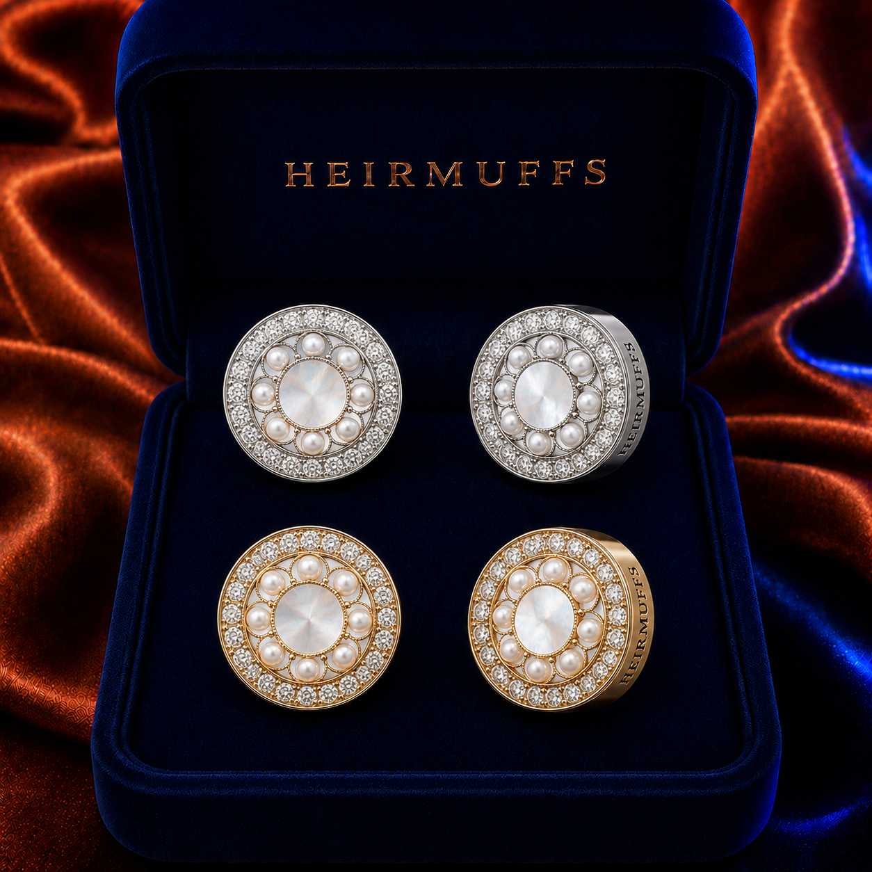 June Pearl Light HEIRMUFFS Front Set in silver and gold