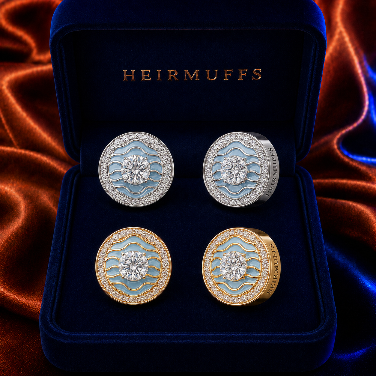 March Light Blue Aquamarine HEIRMUFFS Front Set in silver and gold