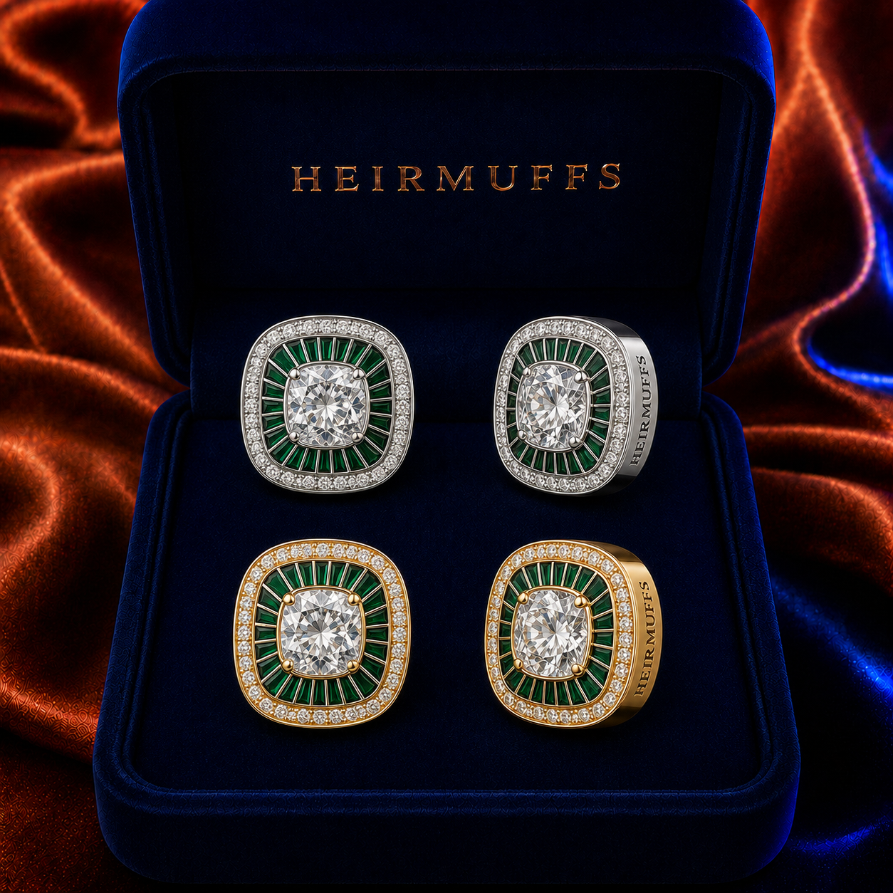 May Emerald Green HEIRMUFFS Front Set in silver and gold