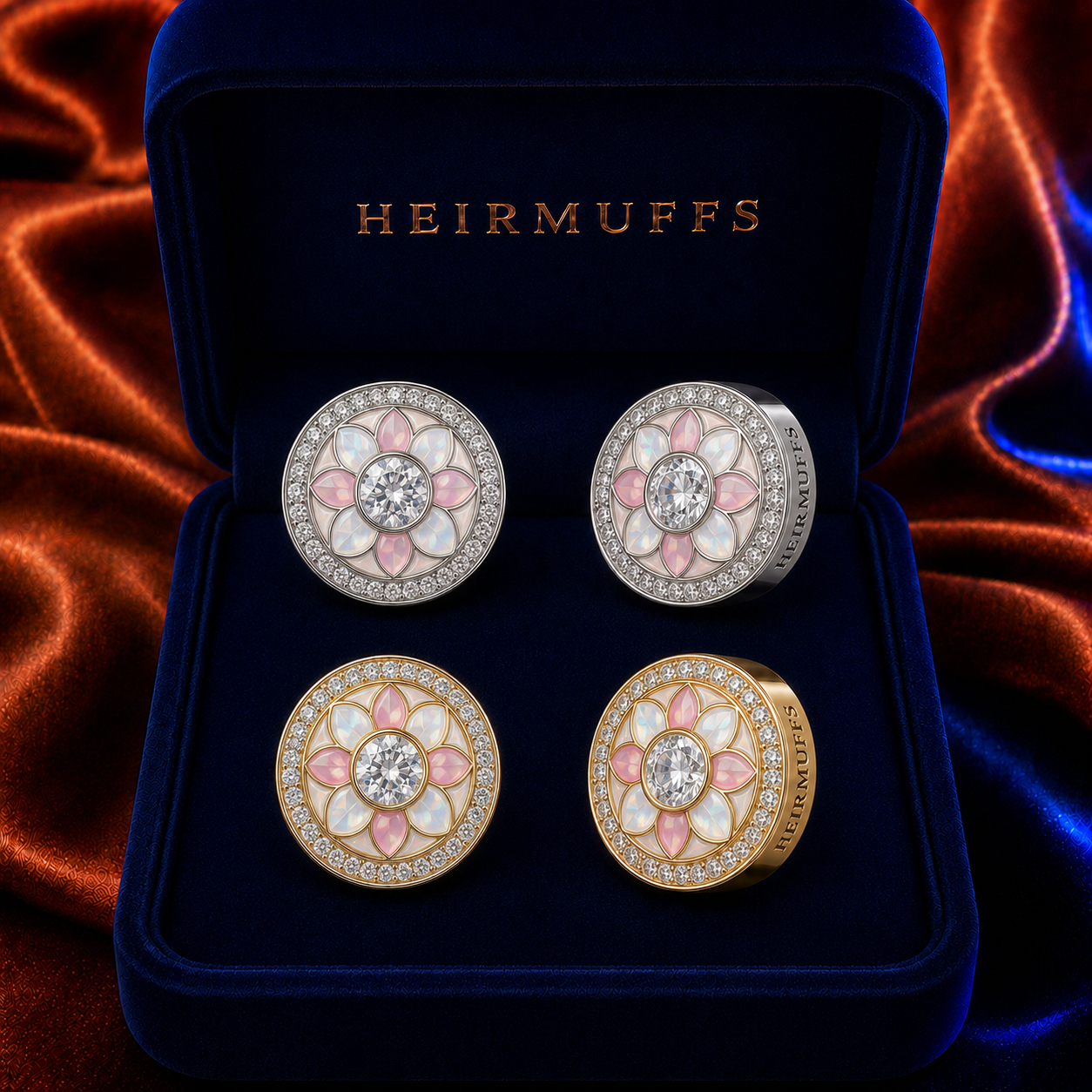 October Opal Pink HEIRMUFFS Front Set in silver and gold