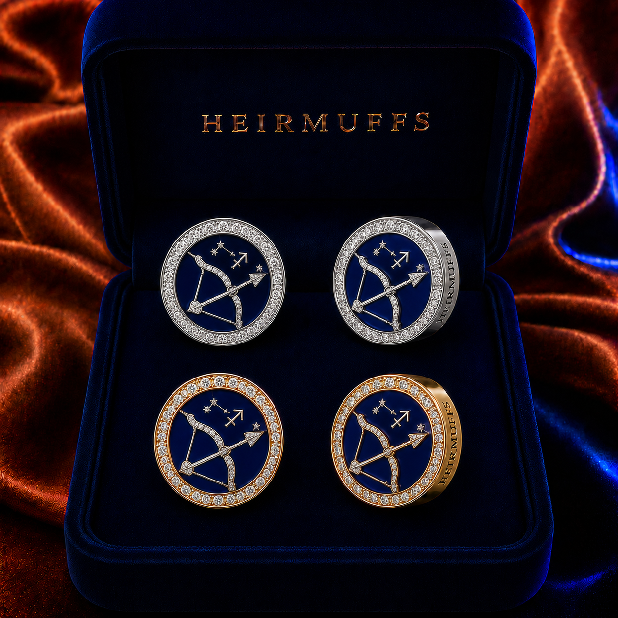 Sagittarius Zodiac HEIRMUFFS Front Set in silver and gold